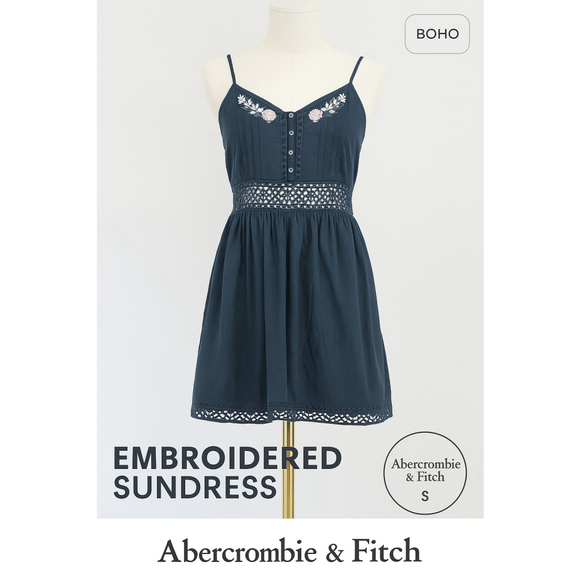 Abercrombie & Fitch Dresses & Skirts - Boho Abercrombie Embroidered Sundress S Navy Blue Lace Trim Spaghetti Strap